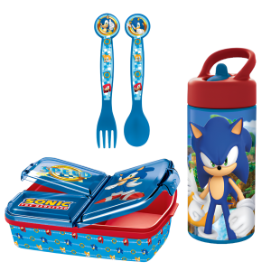 Set scuola sonic bambino – portapranzo 3 scomparti , posate e borraccia 410 ml, pranzo e merenda, ideale per bambini