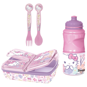 Set scuola hello kitty bambina – portapranzo 3 scomparti , posate e borraccia 380 ml, pranzo e merenda, ideale per bambini