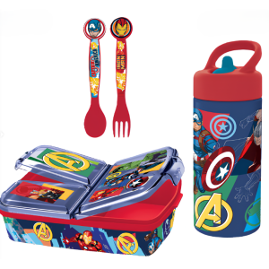 Set scuola avengers bambino – portapranzo 3 scomparti , posate e borraccia 410 ml, pranzo e merenda, ideale per bambini