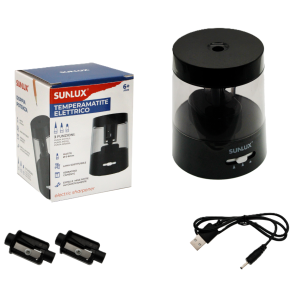 Temperamatite elettrico compatto 7,5 x 9 cm – 3 funzioni, 2 lame di ricambio, doppia alimentazione (batterie o cavo incluso), ideale per scuola, ufficio