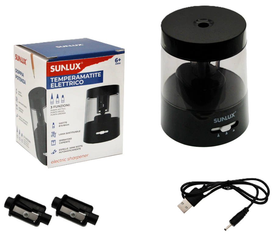 Temperamatite Elettrico Compatto 7,5 x 9 cm u2013 3 Funzioni, 2 Lame di Ricambio, Doppia Alimentazione (Batterie o Cavo Incluso), Ideale per Scuola, Ufficio