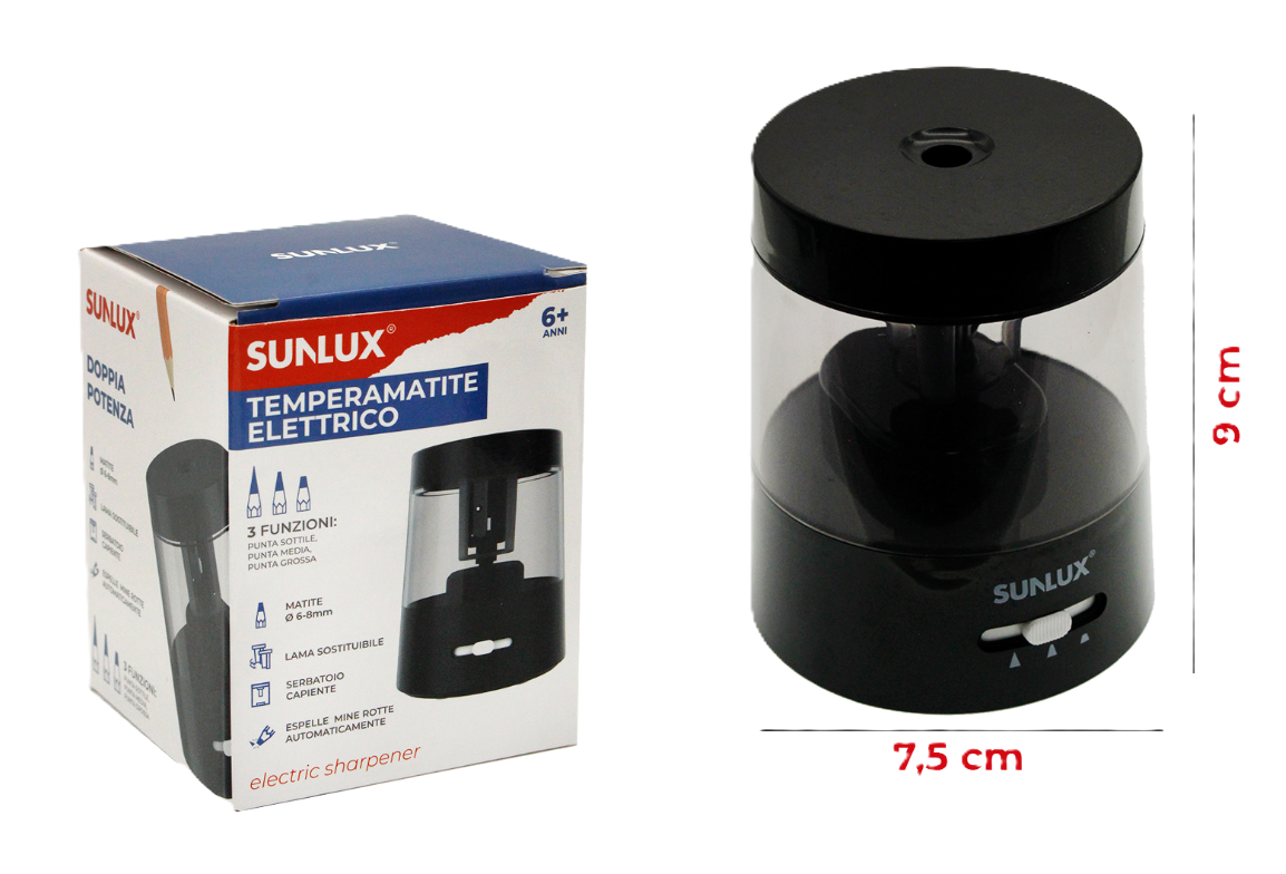 Temperamatite Elettrico Compatto 7,5 x 9 cm u2013 3 Funzioni, 2 Lame di Ricambio, Doppia Alimentazione (Batterie o Cavo Incluso), Ideale per Scuola, Ufficio