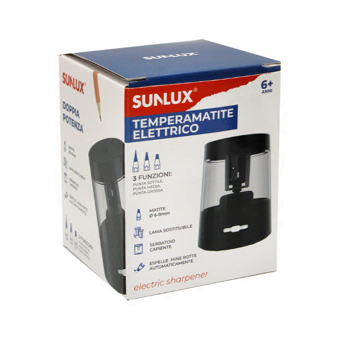 Temperamatite Elettrico Compatto 7,5 x 9 cm u2013 3 Funzioni, 2 Lame di Ricambio, Doppia Alimentazione (Batterie o Cavo Incluso), Ideale per Scuola, Ufficio