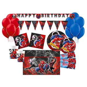 Kit compleanno spiderman 24 ospiti, set festa bambini con 24 bicchieri, 24 piatti, 40 tovaglioli, inviti, palloncini, tovaglia e decorazioni