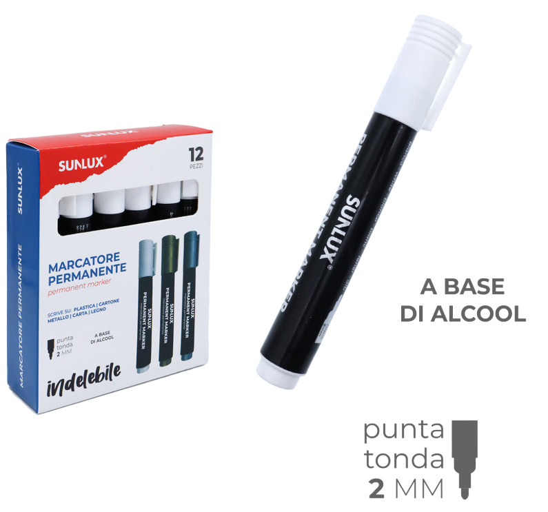 Marcatore Permanente Bianco a Base di Alcool - Punta Tonda 2mm - Confezione da 12 Pezzi - Scrive su Plastica, Cartone, Metallo, Legno
