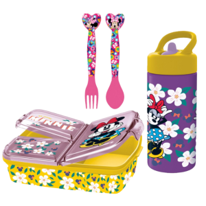 Set scuola minnie mouse bambina – portapranzo 3 scomparti , posate e borraccia 410 ml, pranzo e merenda, ideale per bambini
