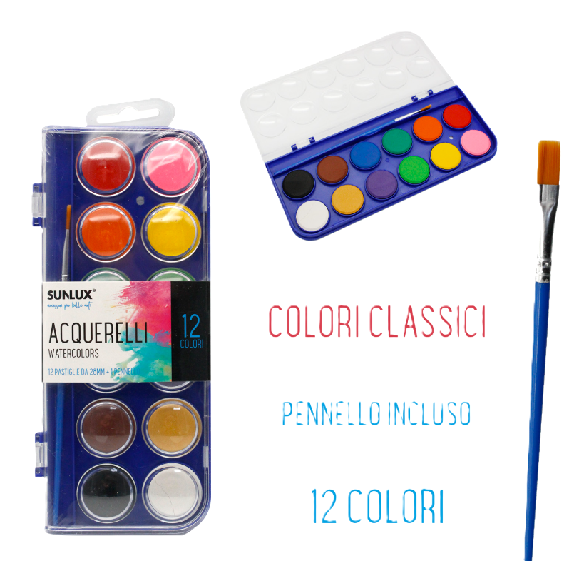 Acquerelli 12 Colori Classici u00d828mm con Pennello u2013 Set Pittura per Bambini, Scuola e Tempo Libero