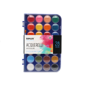 Acquerelli 28 colori classici ø28mm con pennello – set pittura per bambini, scuola e tempo libero