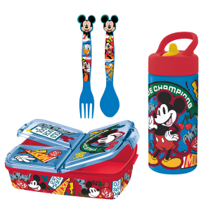 Set scuola mickey mouse bambino – portapranzo 3 scomparti , posate e borraccia 410 ml, pranzo e merenda, ideale per bambini