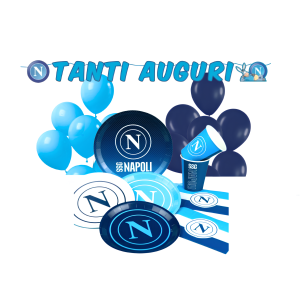 Kit festa napoli calcio 12 ospiti (77 pezzi: 12 bicchieri, 12 piatti 18cm, 12 piatti 22cm, 16 tovaglioli, festone “tanti auguri”, 24 palloncini blu e celesti)