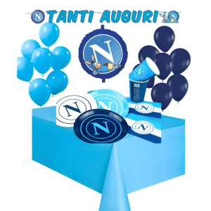 Kit festa napoli calcio 24 ospiti (107 pezzi: 24 bicchieri, 24 piatti, 32 tovaglioli, 1 festone, 1  tovaglia, 24 palloncini blu e celesti e mylar)