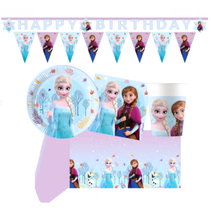 Kit compleanno frozen per 24 ospiti – set festa con 24 piatti 19,5 cm, 24 bicchieri 200 ml, 40 tovaglioli, festoni happy birthday & bandierine, tovaglia a tema frozen