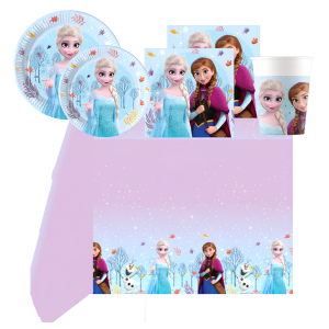 Kit compleanno frozen per 8 ospiti – set festa con 8 piatti 19,5cm, 8 piatti 23cm, 8 bicchieri 200 ml, 20 tovaglioli, tovaglia a tema frozen