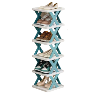 Scarpiera 6 ripiani in plastica, 24x26x100cm, 15 supporti laterali, phieghevole e salvaspazio