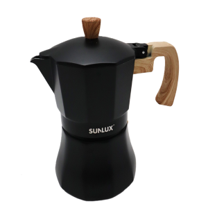 Caffettiera  dark line da 3 tazze, moka in alluminio con manico e pomello in legno, design elegante nero opaco, per piani di cottura a gas, altezza 17,5 cm