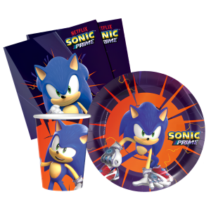 Kit compleanno tavola sonic 16 persone (52 pezzi: 16 piatti 18cm, 16 bicchieri 200ml, 20 tovaglioli) in carta