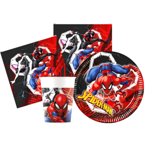 Kit compleanno tavola spiderman 16 persone (52 pezzi: 16 piatti 18cm, 16 bicchieri 200ml, 20 tovaglioli) in carta