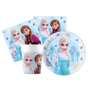 Kit compleanno tavola frozen 16 persone (52 pezzi: 16 piatti 18cm, 16 bicchieri 200ml, 20 tovaglioli) in carta