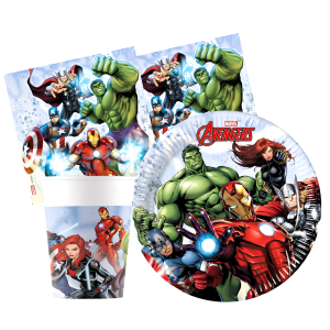Kit compleanno tavola avengers 16 persone (52 pezzi: 16 piatti 18cm, 16 bicchieri 200ml, 20 tovaglioli) in carta