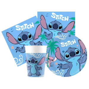 Kit compleanno tavola stitch 16 persone (52 pezzi: 16 piatti 18cm, 16 bicchieri 200ml, 20 tovaglioli) in carta