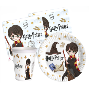 Kit compleanno tavola harry potter 16 persone (52 pezzi: 16 piatti 18cm, 16 bicchieri 200ml, 20 tovaglioli) in carta