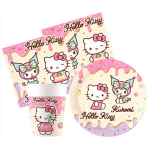 Kit compleanno tavola hello kitty 16 persone (52 pezzi: 16 piatti 23cm, 16 bicchieri 200ml, 20 tovaglioli) in carta