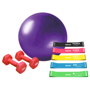 Set fitness completo con 2 manubri da 2 kg, 5 elastici in lattice con diverse resistenze (light–heavy) e palla fitness 65 cm – allenamento casa, palestra, yoga e pilates – colori assortiti