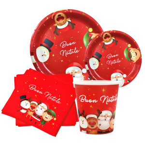 Set tavola di natale - stoviglie in carta natalizia - 12 piatti 23cm, 12 piatti 18cm, 12 bicchieri, 12 tovaglioli, tema natale rosso e oro per feste, tavola natalizia e party