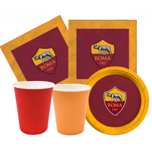 Kit festa di compleanno roma 16 persone  (16 piatti ⌀ 18 cm, 24 bicchieri di carta 250 ml, 20 tovaglioli 33x33 cm)