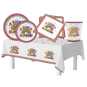 Set festa di compleanno arcobaleno, kit festa a tema (49 pezzi: 12 piatti 23cm, 12 piatti 18cm, 12 tovaglioli, 12 bicchieri, 1 tovaglia)