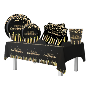 Set festa di compleanno black, kit festa a tema "buon compleanno" (49 pezzi: 12 piatti 23cm, 12 piatti 18cm, 12 tovaglioli, 12 bicchieri, 1 tovaglia)