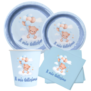 Set tavola battesimo bambino celeste (48 pezzi: 12 piatti 23cm, 12 piatti 18cm, 12 tovaglioli, 12 bicchieri)