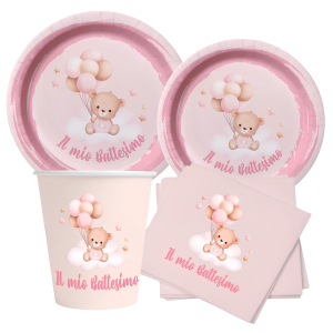 Set tavola battesimo bambina rosa (48 pezzi: 12 piatti 23cm, 12 piatti 18cm, 12 tovaglioli, 12 bicchieri)
