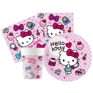 Kit compleanno tavola hello kitty 2 per 16 persone (52 pezzi: 16 piatti 23cm, 16 bicchieri 200ml, 20 tovaglioli) in carta