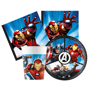 Kit compleanno tavola avengers 16 persone (52 pezzi: 16 piatti 18cm, 16 bicchieri 200ml, 20 tovaglioli) in carta