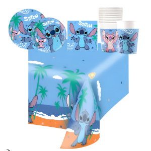 Kit festa di compleanno a tema stitch, da tavola (8 piatti 23cm, 8 piatti 20cm, 20 tovaglioli, 1 tovaglia, 8 bicchieri)