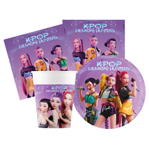 Kit compleanno tavola k-pop demon hunters 16 persone (52 pezzi: 16 piatti 18cm, 16 bicchieri 200ml, 20 tovaglioli) in carta