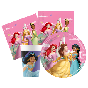Kit compleanno tavola principesse 16 persone (52 pezzi: 16 piatti 18cm, 16 bicchieri 200ml, 20 tovaglioli) in carta