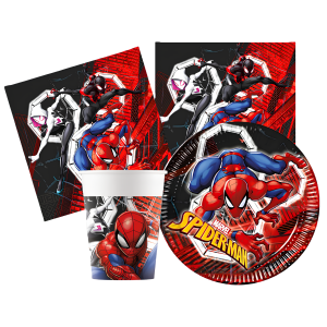 Kit compleanno tavola spiderman 16 persone (52 pezzi: 16 piatti 18cm, 16 bicchieri 200ml, 20 tovaglioli) in carta
