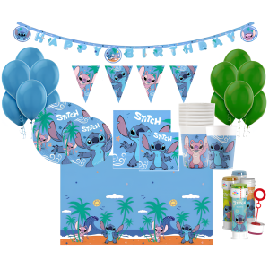 Kit compleanno stitch per 24 persone – set festa 119 pezzi con piatti, bicchieri, tovaglioli, palloncini, tovaglia, festoni, bolle di sapone e decorazioni – addobbi tema stitch per bambini