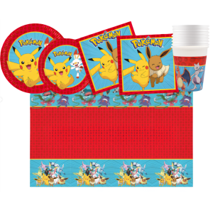 Kit festa di compleanno a tema pokemon, da tavola (8 piatti 23cm, 8 piatti 20cm, 20 tovaglioli, 1 tovaglia, 8 bicchieri)