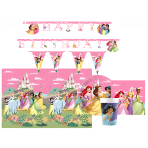 Kit compleanno principesse disney 24 ospiti (1 tovaglia, 24 piatti, 40 tovaglioli, 24 bicchieri, 1 festone, 1 festone bandierine) in carta