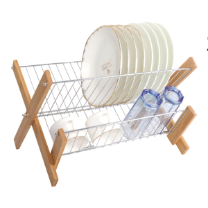 Scolapiatti da appoggio in acciaio e bambù 38x33x26 cm – asciugapiatti da cucina pieghevole a 2 ripiani con struttura in legno, scolapiatti salvaspazio per piatti e bicchieri