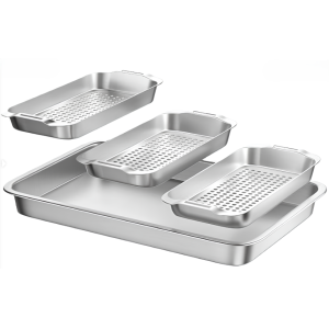 Set teglie barbecue in acciaio inox 430 – 4 pezzi con spatola, teglia grande 44x28 cm + 3 cestelli grill 27,7x12,5 cm per verdure, carne e pesce – accessori bbq