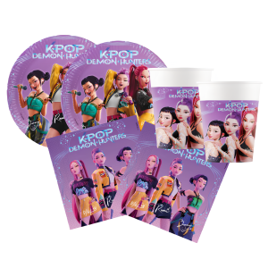 Kit compleanno tavola k-pop demon hunters 24 persone (88 pezzi: 24 piatti 18cm, 24 bicchieri 200ml, 40 tovaglioli) in carta