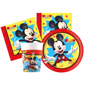 Kit compleanno tavola mickey mouse 16 persone (52 pezzi: 16 piatti 18cm, 16 bicchieri 200ml, 20 tovaglioli) in carta