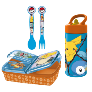 Set scuola pokemon bambino – portapranzo 3 scomparti , posate e borraccia 410 ml, pranzo e merenda, ideale per bambini e fan disney