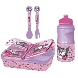 Set merenda kuromi bambino – portapranzo 3 scomparti, posate e borraccia 380 ml, pranzo e merenda, ideale per bambini e fan kuromi