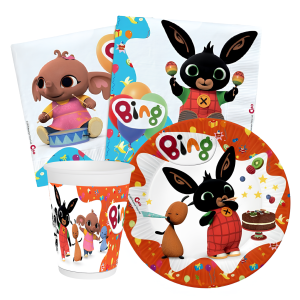 Kit compleanno tavola bing 16 persone (52 pezzi: 16 piatti 18cm, 16 bicchieri 200ml, 20 tovaglioli) in carta