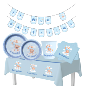 Set battesimo bambino celeste 24 ospiti (98 pezzi: 24 piatti 23cm, 24 piatti 18cm, 24 tovaglioli, 24 bicchieri, 1 tovaglia, 1 festone)